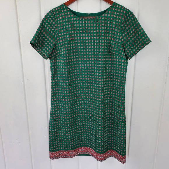 J. Crew Green Pink Floral Printed Short-Sleeve Gallery Shift Dress Size 2 - Picture 2 of 8